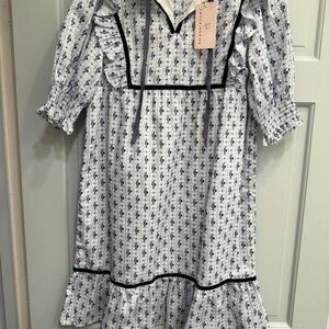 Black Trim Blue Floral Ruffled Midi Dress